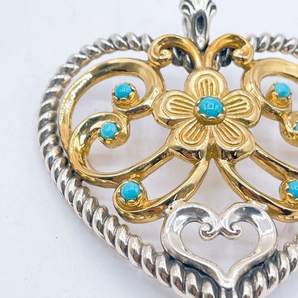 Carolyn Pollack 925 Sterling Silver & Brass Heart Pendant Turquoise Accents Larg - Picture 7 of 9